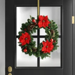 28" Pine And Poinsettia Flower With Ornaments Artificial Christmas Wreath Red - Wondershop™