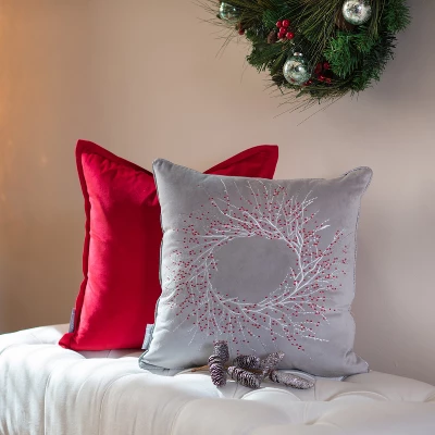 17"x17" Velvet Christmas Wreath Square Throw Pillow Gray - Pillow Perfect 3 17"x17" Velvet Christmas Wreath Square Throw Pillow Gray - Pillow Perfect - Image 3