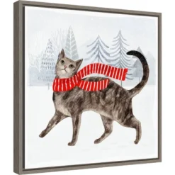 16" X 16" Christmas Cats And Dogs I By Victoria Borges Framed Canvas Wall Art - Amanti Art