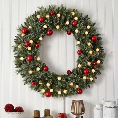 Nearly Natural 48" Pre-lit LED Decorated Frosted Pine Artificial Christmas Wreath Green With Warm White Lights 3 Nearly Natural 48" Pre-lit LED Decorated Frosted Pine Artificial Christmas Wreath Green With Warm White Lights - Image 3