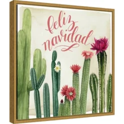 16" X 16" Christmas Cactus I Feliz Navidad By Grace Popp Framed Canvas Wall Art - Amanti Art