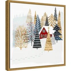 16" X 16" Christmas Chalet I Tree By Victoria Borges Framed Canvas Wall Art - Amanti Art
