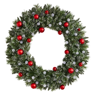 Nearly Natural 48" Pre-lit LED Decorated Frosted Pine Artificial Christmas Wreath Green With Warm White Lights 2 Nearly Natural 48" Pre-lit LED Decorated Frosted Pine Artificial Christmas Wreath Green With Warm White Lights - Image 2