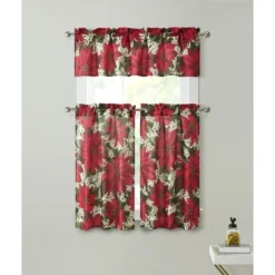 Kate Aurora Holiday Classic Poinsettia Christmas 3 Pc Kitchen Curtain Tier & Valance Set - 57 In. W X 36 In. L
