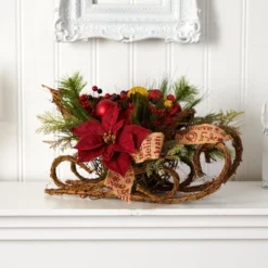 Nearly Natural 18-in Christmas Sleigh With Poinsettia, Berries And Pinecone Artificial Arrangement With Ornaments -Northlight Holiday Outlet Store GUEST 5dd196c5 2c79 4ff2 a773 c5363eb9cd38