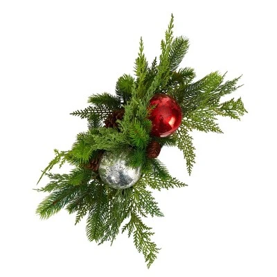 Nearly Natural 18-in Holiday Winter Cedar Pine Artificial Table Christmas Arrangement With Ornaments, Home Décor 3 Nearly Natural 18-in Holiday Winter Cedar Pine Artificial Table Christmas Arrangement With Ornaments, Home Décor - Image 3