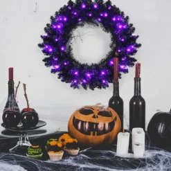 Costway 24inch Pre-lit Christmas Halloween Wreath Black W/ 35 Purple LED Lights