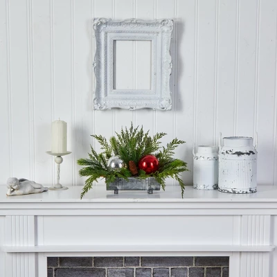 Nearly Natural 18-in Holiday Winter Cedar Pine Artificial Table Christmas Arrangement With Ornaments, Home Décor 5 Nearly Natural 18-in Holiday Winter Cedar Pine Artificial Table Christmas Arrangement With Ornaments, Home Décor - Image 5