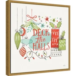 16" X 16" Deck The Halls Christmas Holly By Janelle Penner Framed Canvas Wall Art - Amanti Art