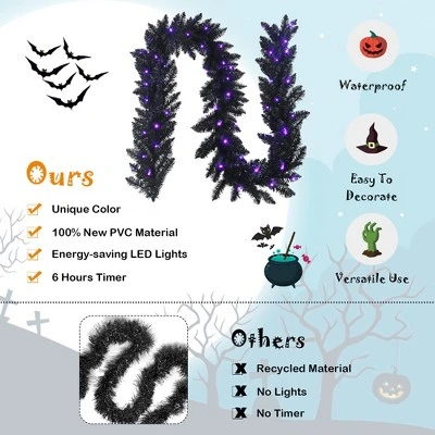 Costway 9ft Pre-lit Christmas Halloween Garland Black W/ 50 Purple LED Lights 8 Costway 9ft Pre-lit Christmas Halloween Garland Black W/ 50 Purple LED Lights - Image 8