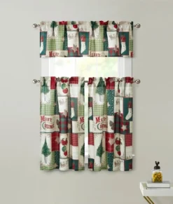 Kate Aurora Holiday Living Merry Christmas Kitchen Curtain Tier And Valance Set - 56 In. W X 36 In. L