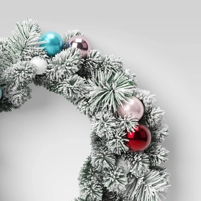 24" Flocked Pine With Ornaments Artificial Christmas Wreath Green/Brights - Wondershop™ 2 24" Flocked Pine With Ornaments Artificial Christmas Wreath Green/Brights - Wondershop™ - Image 2